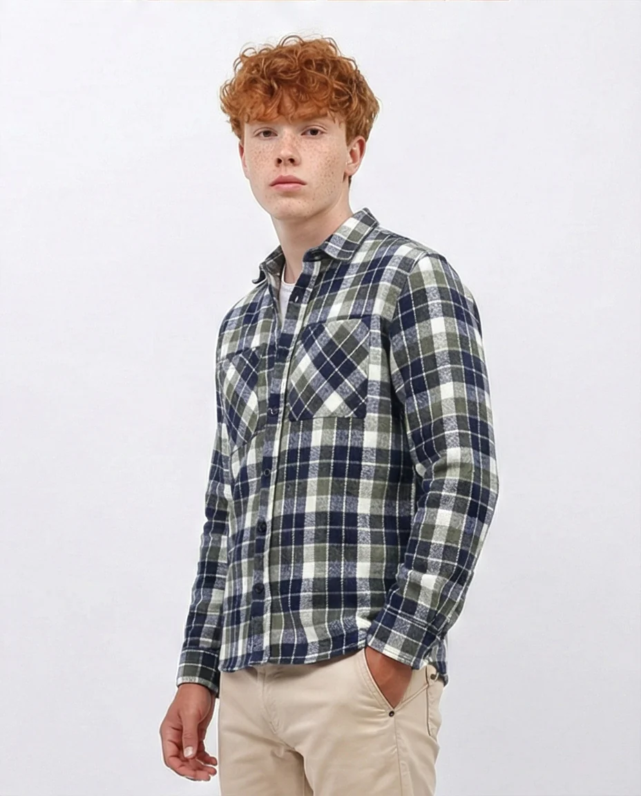 Navy & Forest Green Plaid Flannel Long Sleeve Shirt - O200607 - Image 4