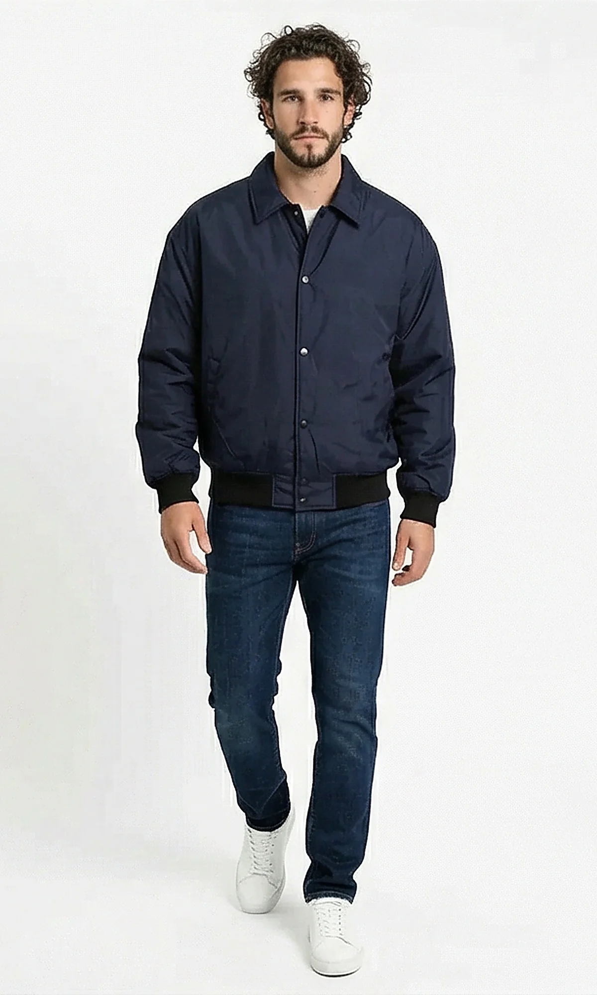 Navy Minimalist Snap-Button Bomber Jacket - Image 4