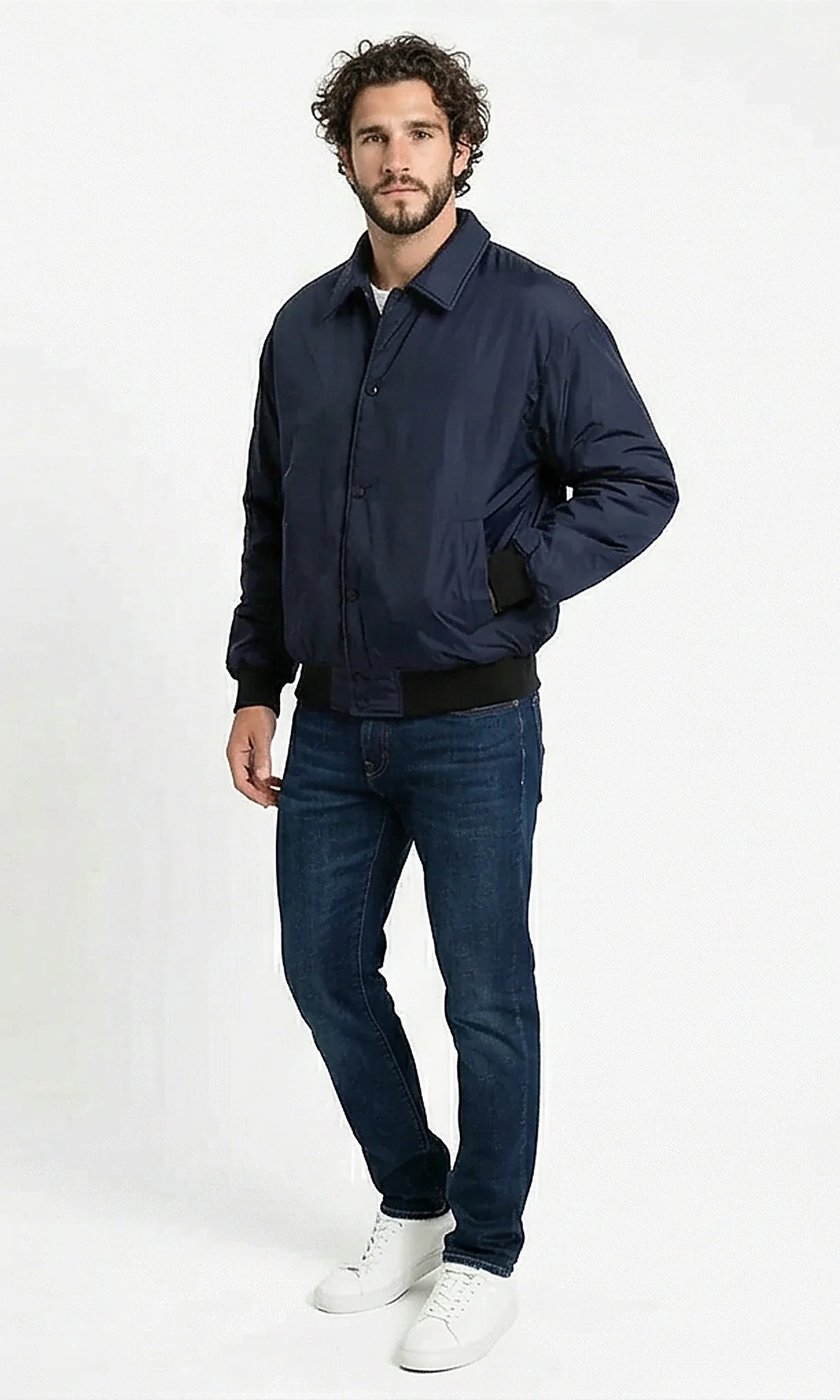 Navy Minimalist Snap-Button Bomber Jacket - Image 5