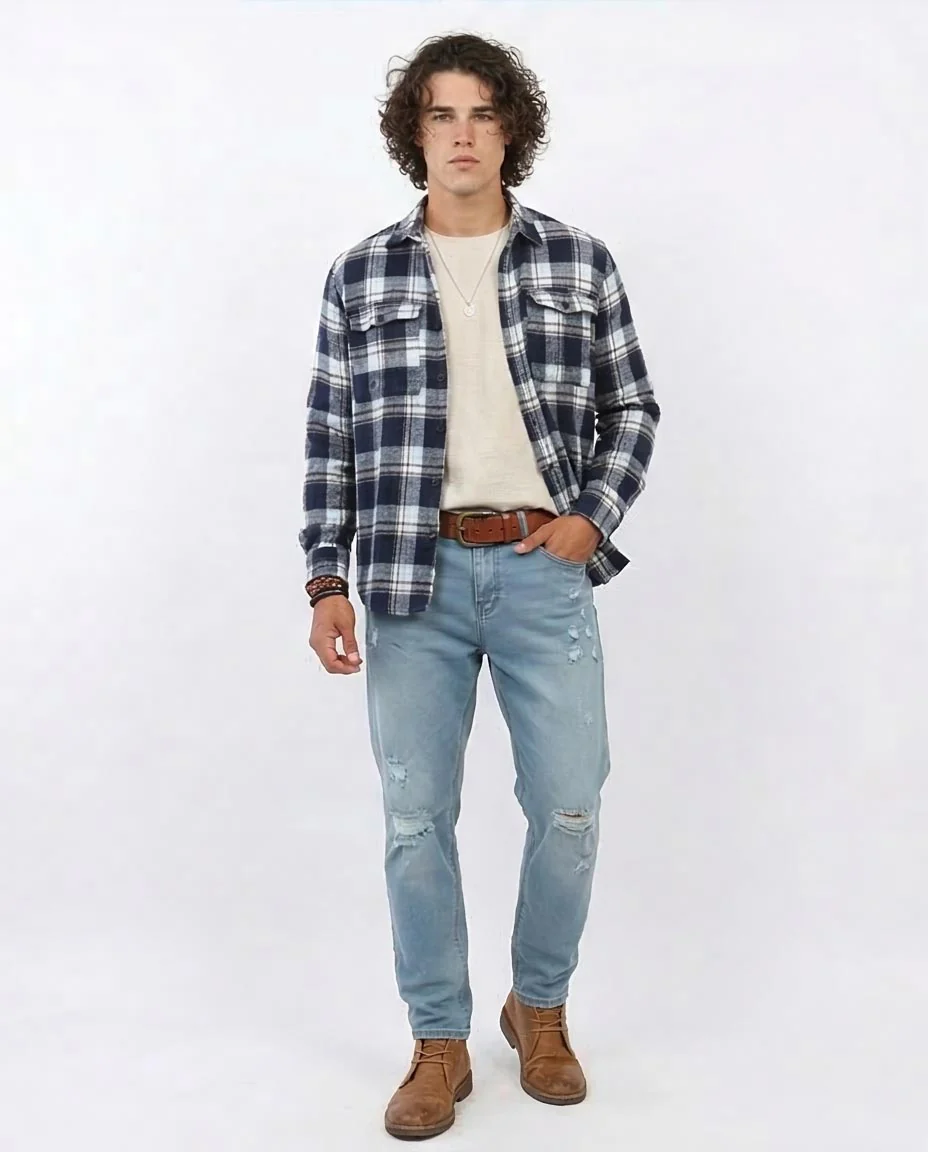 Navy and White Checkered Heavy Flannel Shirt - O200612 - Image 3