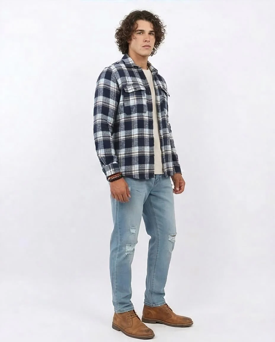 Navy and White Checkered Heavy Flannel Shirt - O200612 - Image 5