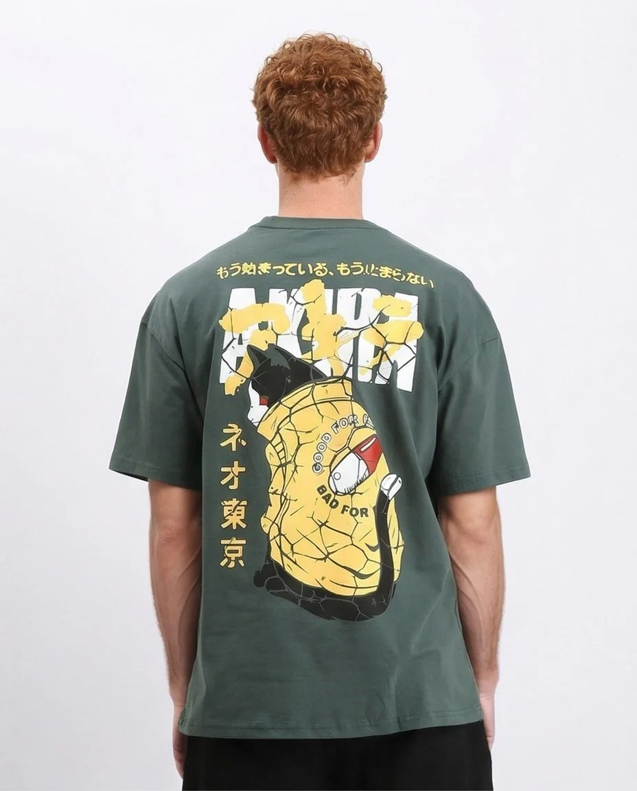 Ravin // "Neo-Tokyo Cat" Oversized Graphic T-Shirt – Forest Green - R208976 - Image 2