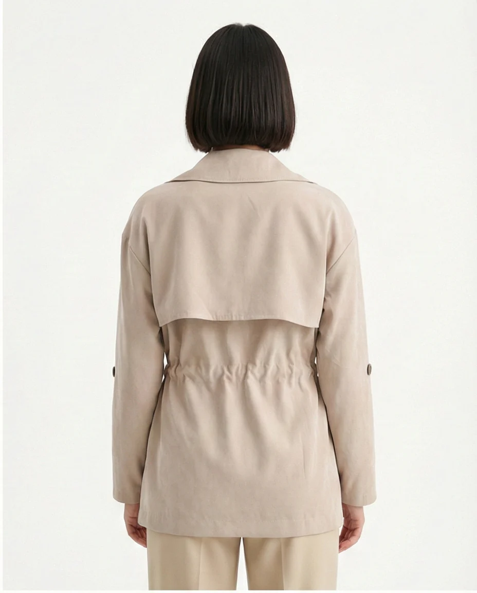 R210311 - Notched Lapel Solid Belted Jacket - Coffee - Image 2