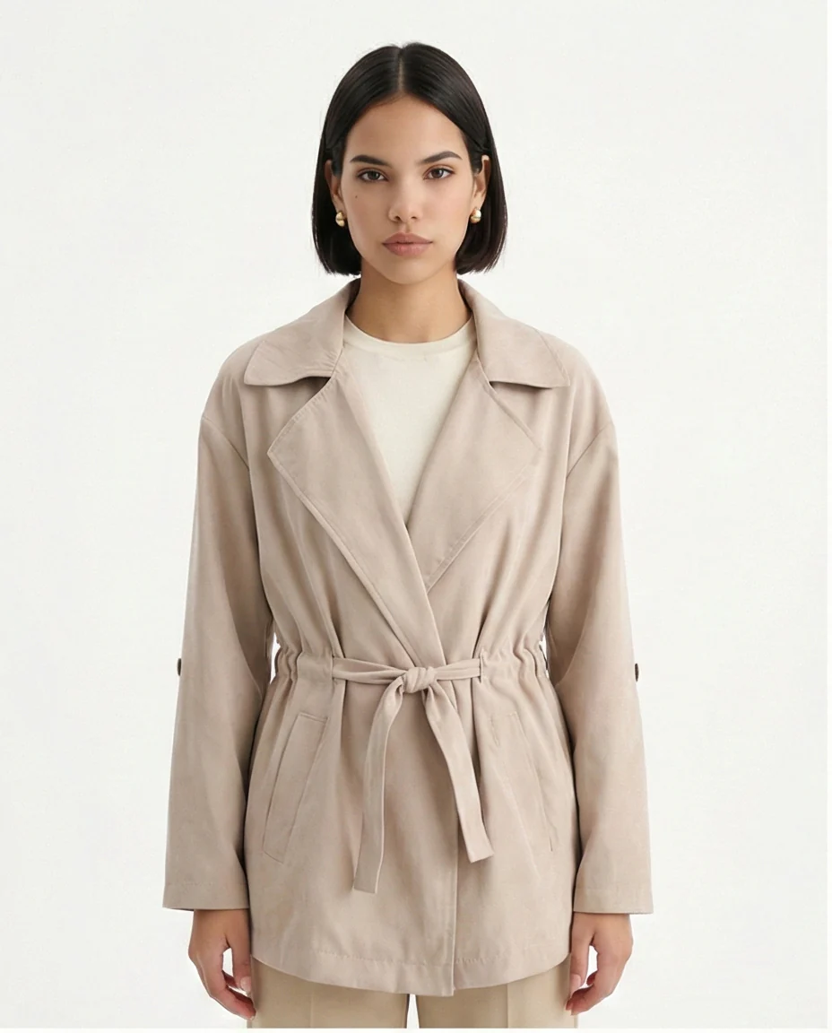 R210311 - Notched Lapel Solid Belted Jacket - Coffee - Image 3