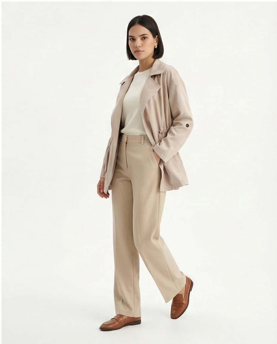 R210311 - Notched Lapel Solid Belted Jacket - Coffee - Image 4