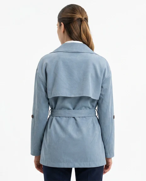 R210308 - Notched Lapel Solid Belted Jacket - Dusty Blue - Image 2