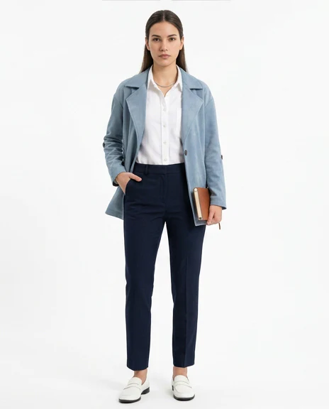 R210308 - Notched Lapel Solid Belted Jacket - Dusty Blue - Image 3