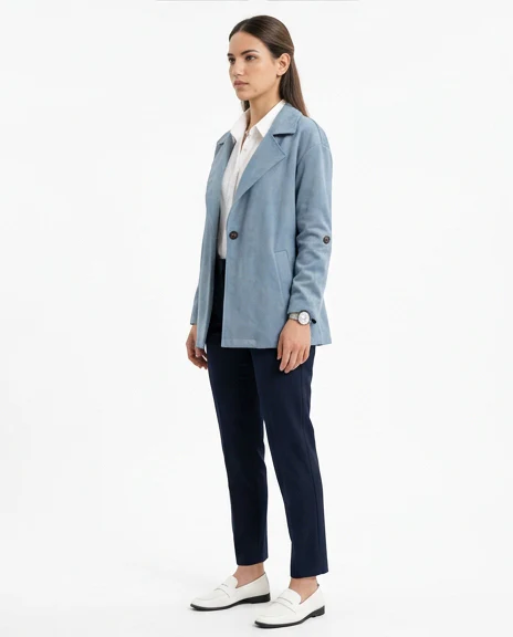 R210308 - Notched Lapel Solid Belted Jacket - Dusty Blue - Image 4