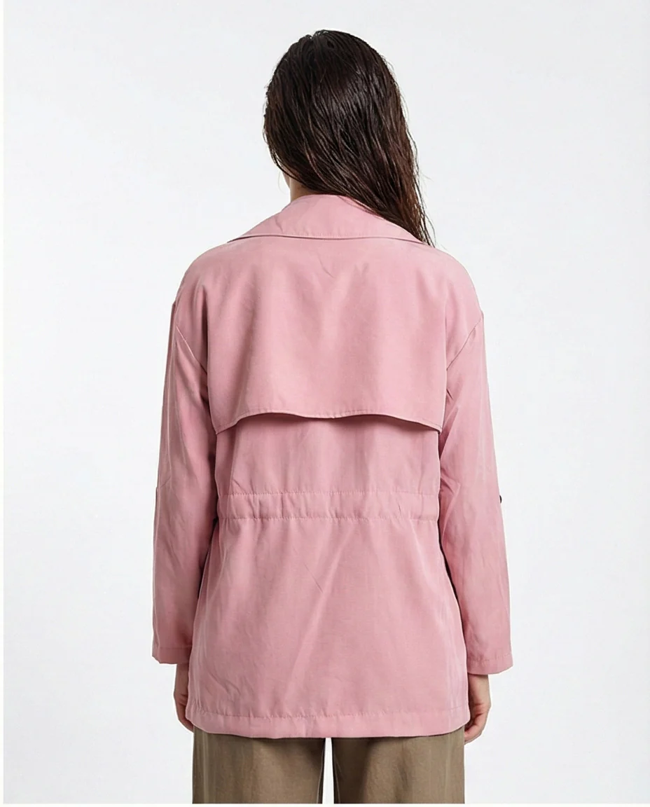 R210309 - Notched Lapel Solid Belted Jacket - Light Pink - Image 2