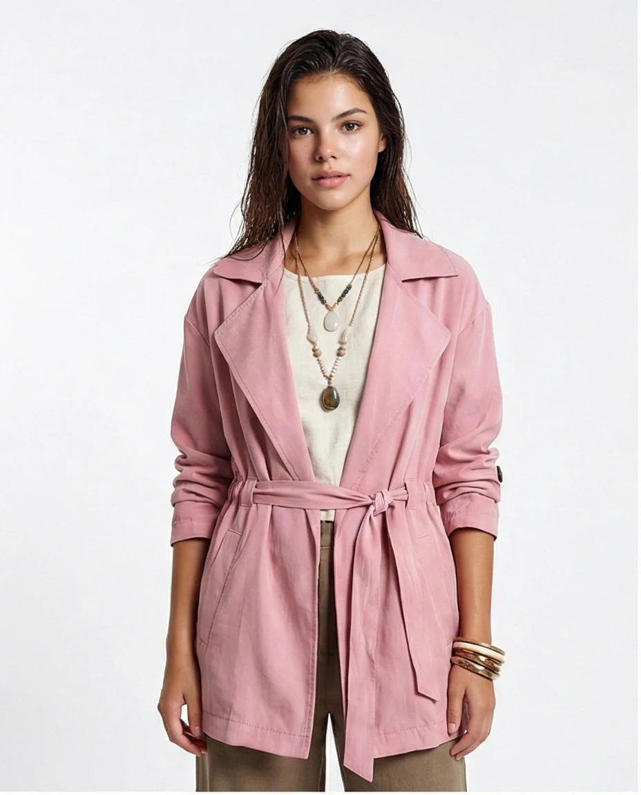 R210309 - Notched Lapel Solid Belted Jacket - Light Pink - Image 3