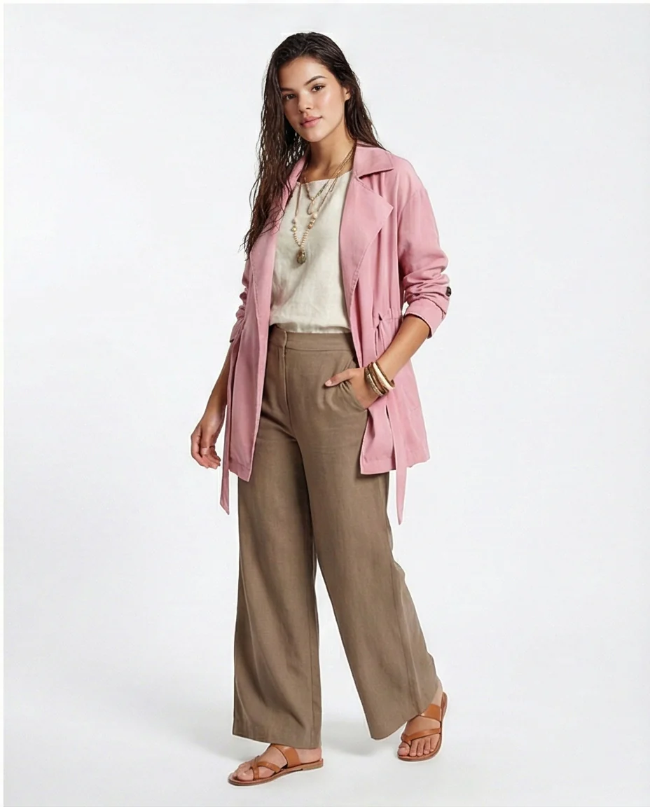 R210309 - Notched Lapel Solid Belted Jacket - Light Pink - Image 5