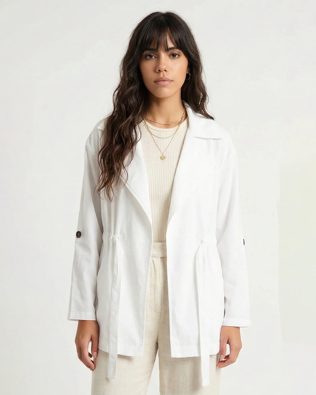 R210310 - Notched Lapel Solid Belted Jacket - White - Image 3