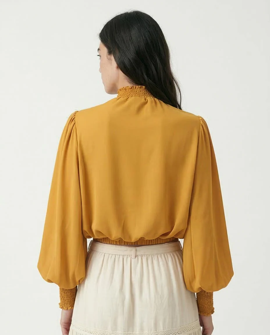 Ravin Mustard Smocked High-Neck Crop Blouse with Balloon Sleeves - O168191 - Image 2
