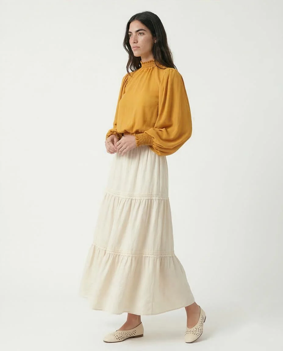 Ravin Mustard Smocked High-Neck Crop Blouse with Balloon Sleeves - O168191 - Image 4