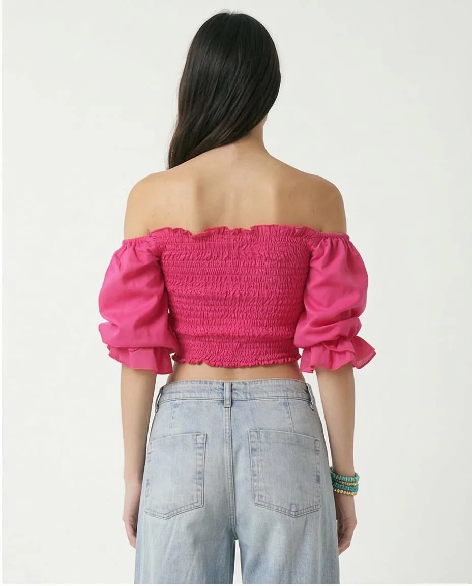 Ravin Off-The-Shoulder Smocked Crop Top - Fuchsia Pink - O168789 - Image 2