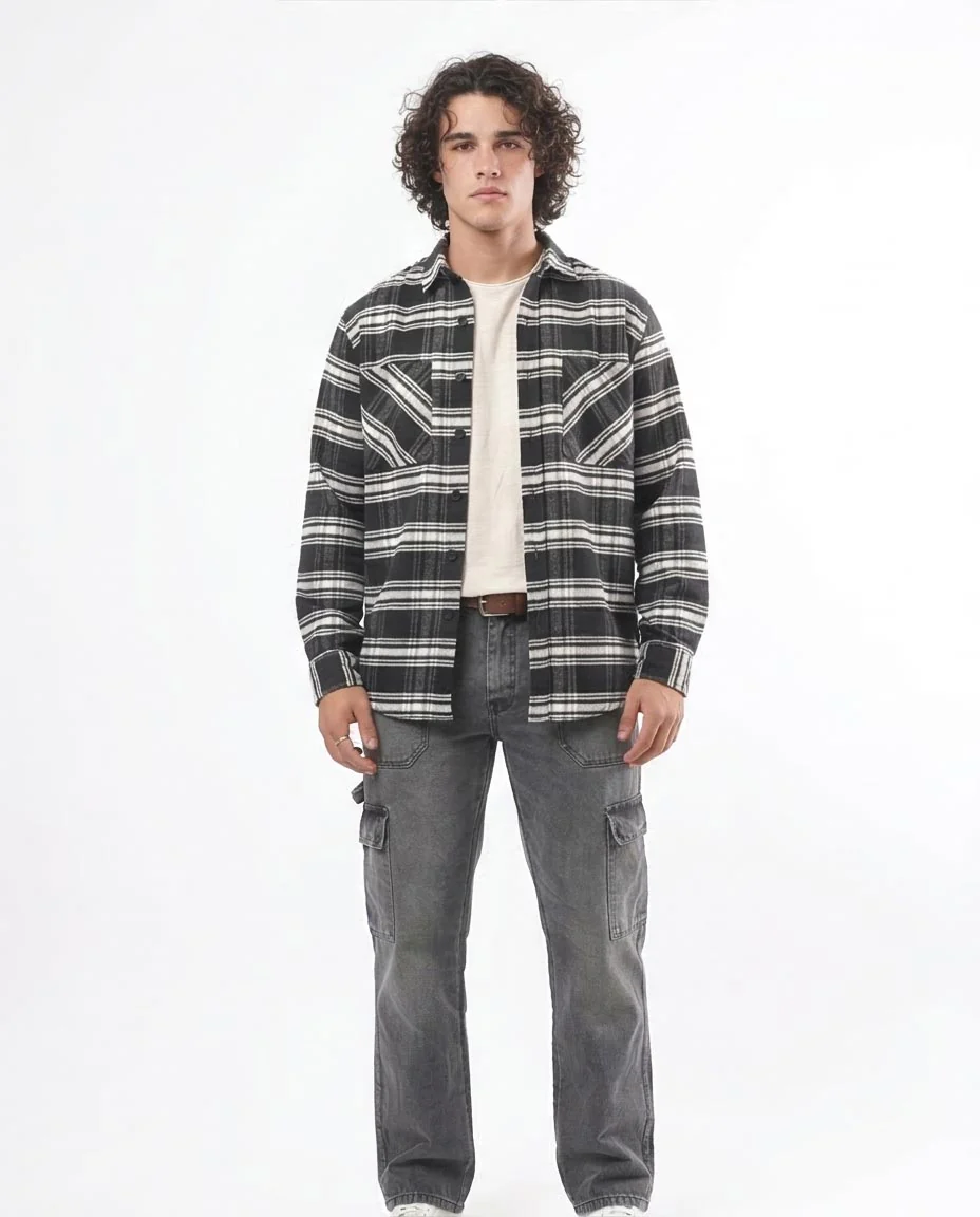 Ravin Relaxed-Fit Textured Plaid Flannel Shirt – Black & White - O172688 - Image 3