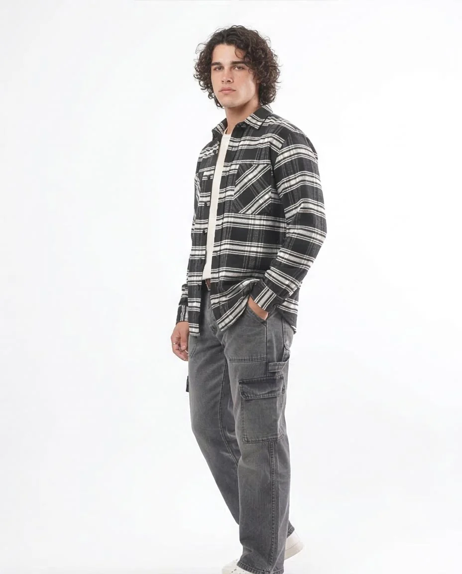 Ravin Relaxed-Fit Textured Plaid Flannel Shirt – Black & White - O172688 - Image 5