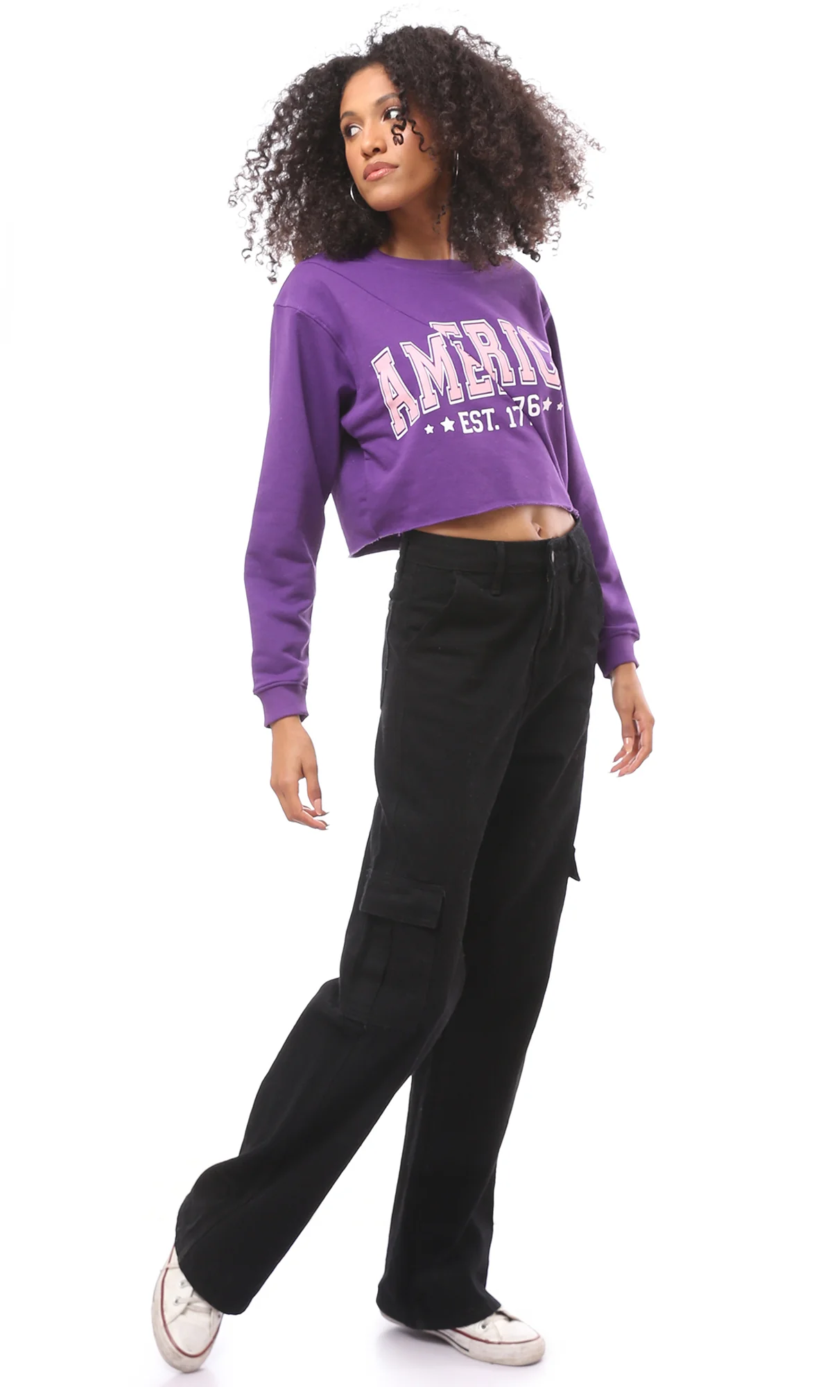 O175018 Front Cut Printed Purple Short Sweatshirt - Image 6