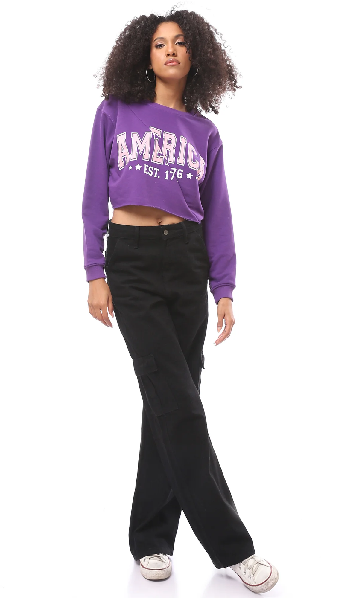 O175018 Front Cut Printed Purple Short Sweatshirt - Image 7