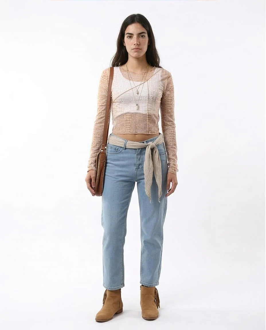 RAVIN Women's Geometric Print Mesh Long Sleeve Crop Top - Tan - O178305 - Image 3