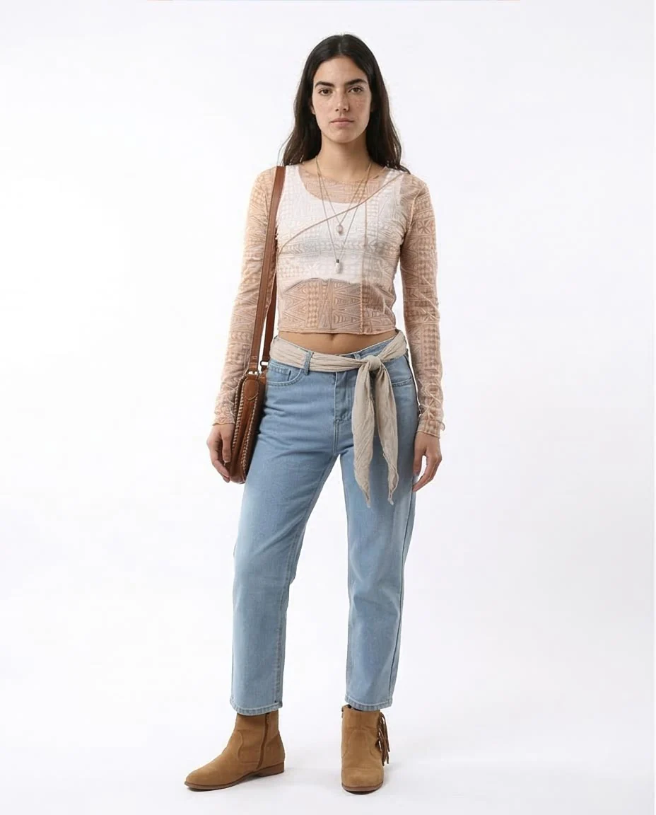 RAVIN Women's Geometric Print Mesh Long Sleeve Crop Top - Tan - O178305 - Image 5