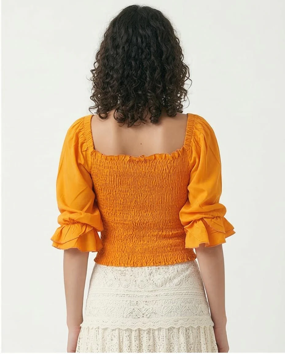 Ravin Smocked Square-Neck Blouse in Sunshine Orange - O179195 - Image 2