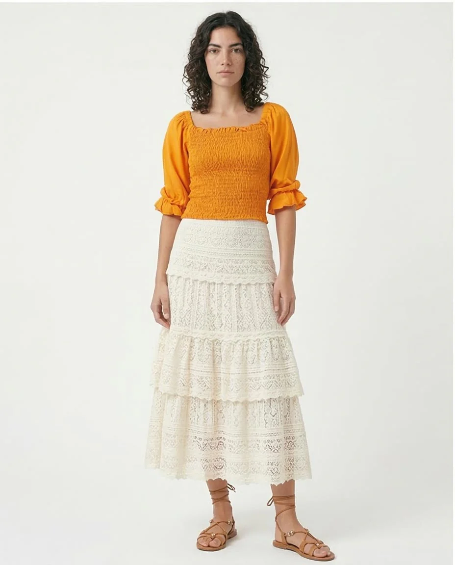 Ravin Smocked Square-Neck Blouse in Sunshine Orange - O179195 - Image 3