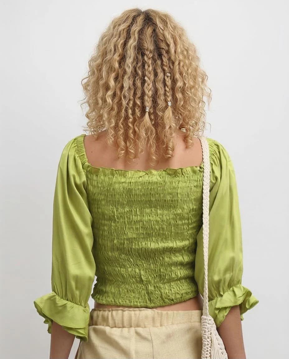 Ravin Chartreuse Smocked Bodice Blouse with Tiered Ruffle Cuffs -Light Green - O179198 - Image 2