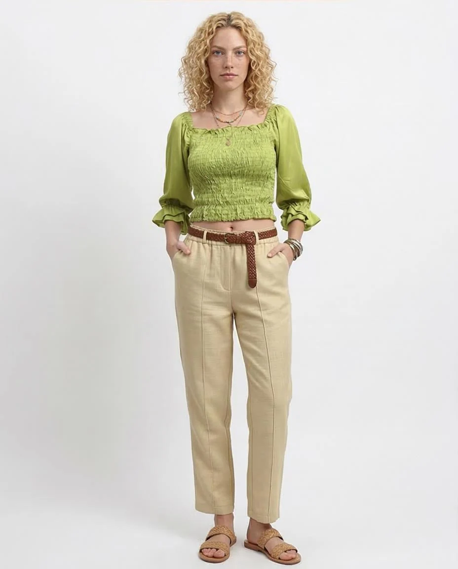 Ravin Chartreuse Smocked Bodice Blouse with Tiered Ruffle Cuffs -Light Green - O179198 - Image 3