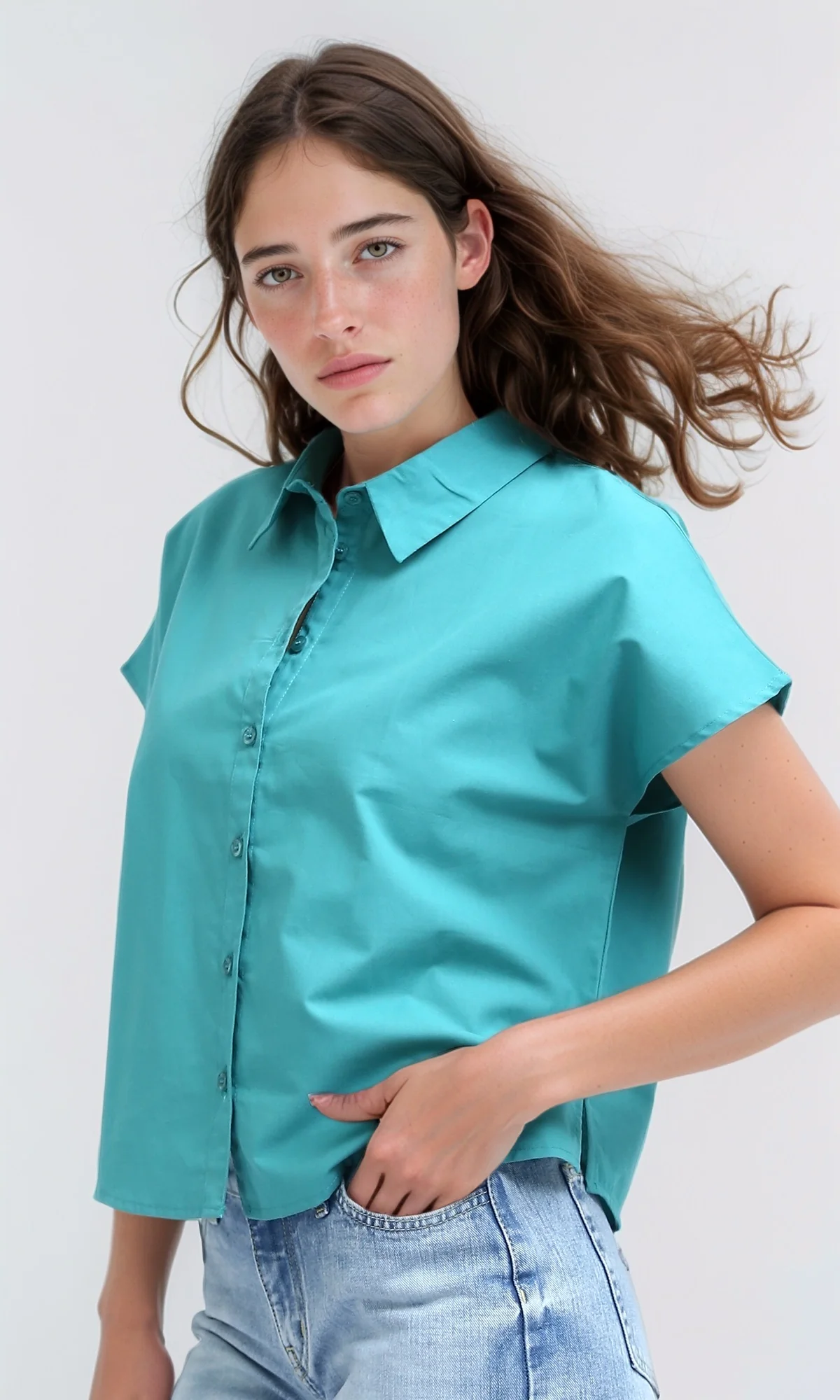 O179203  Short Sleeves Solid Shirt With Classic Collar - Terquoise - Image 2