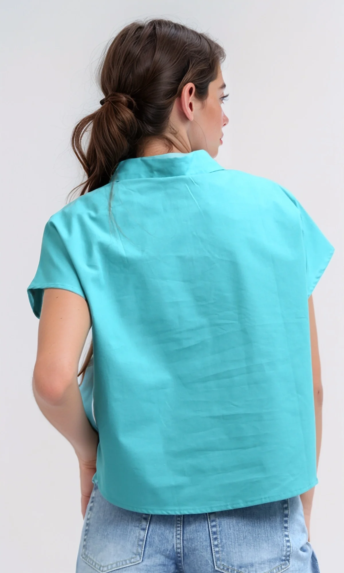 O179203  Short Sleeves Solid Shirt With Classic Collar - Terquoise - Image 3