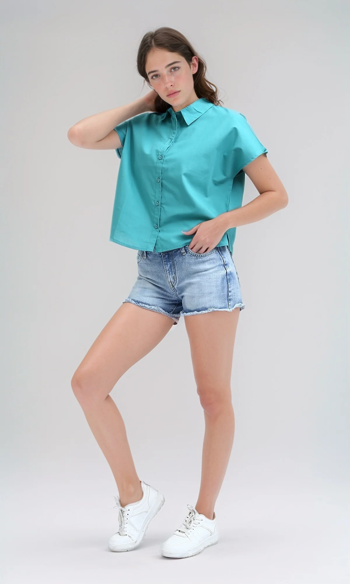 O179203  Short Sleeves Solid Shirt With Classic Collar - Terquoise - Image 6