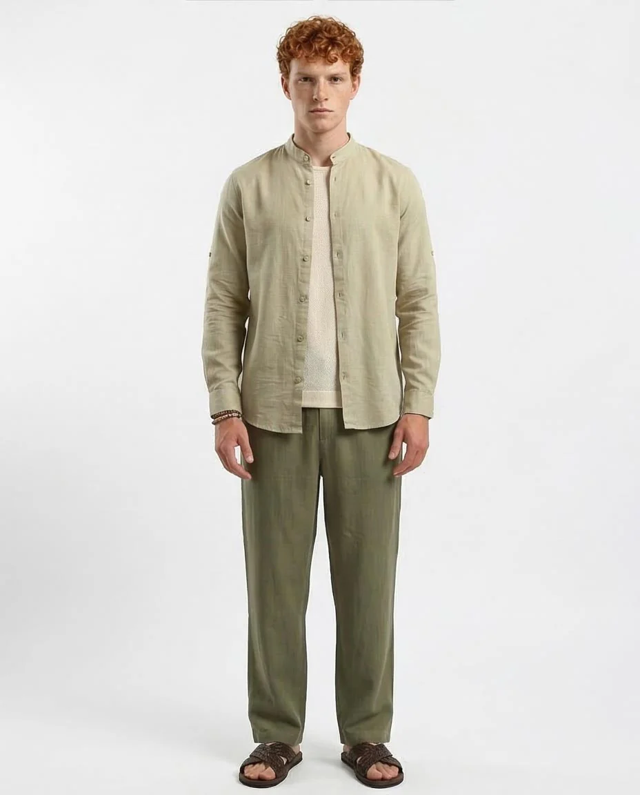 Ravin Men's Mandarin Collar Linen-Blend Shirt – Sage Oat - O181029 - Image 3