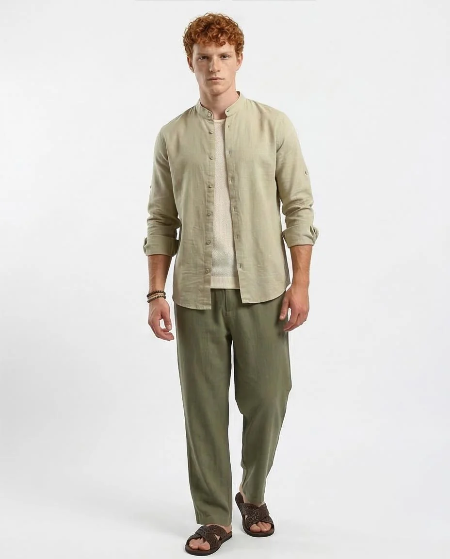 Ravin Men's Mandarin Collar Linen-Blend Shirt – Sage Oat - O181029 - Image 5