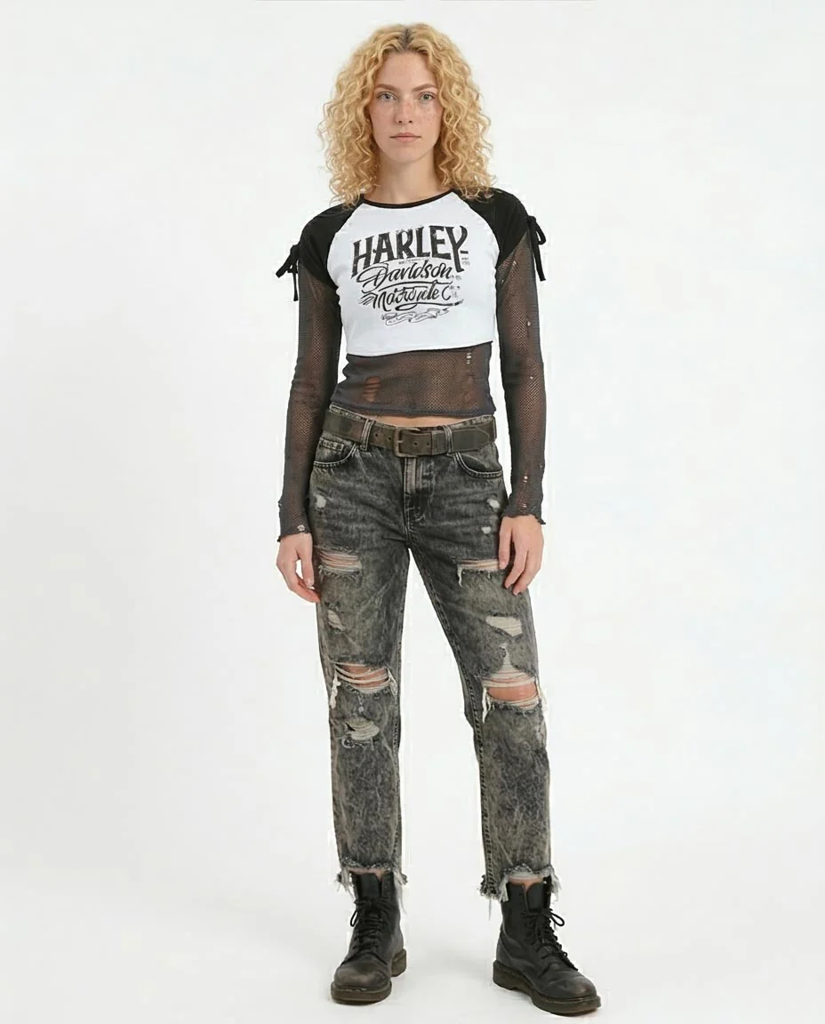 Ravin Women’s Harley-Davidson Graphic Raglan Crop Top with Tie-Sleeve Detail - White and Black - o181680 - Image 3