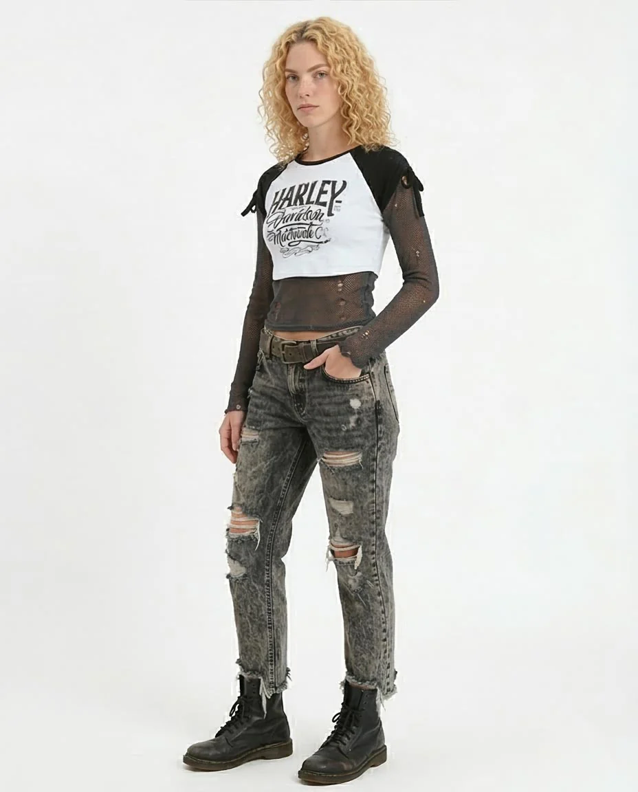Ravin Women’s Harley-Davidson Graphic Raglan Crop Top with Tie-Sleeve Detail - White and Black - o181680 - Image 5