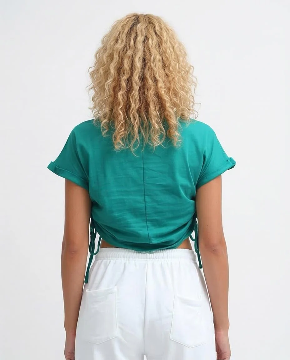 Ravin Teal Cropped Side-Tie Hoodie T-Shirt – "READY STEADY GROW" O182846 - Image 2