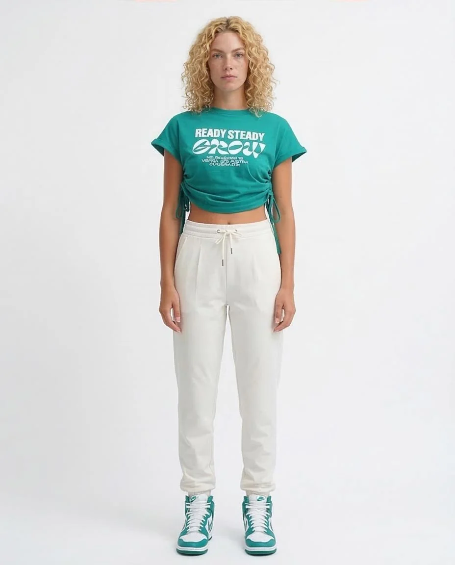 Ravin Teal Cropped Side-Tie Hoodie T-Shirt – "READY STEADY GROW" O182846 - Image 3