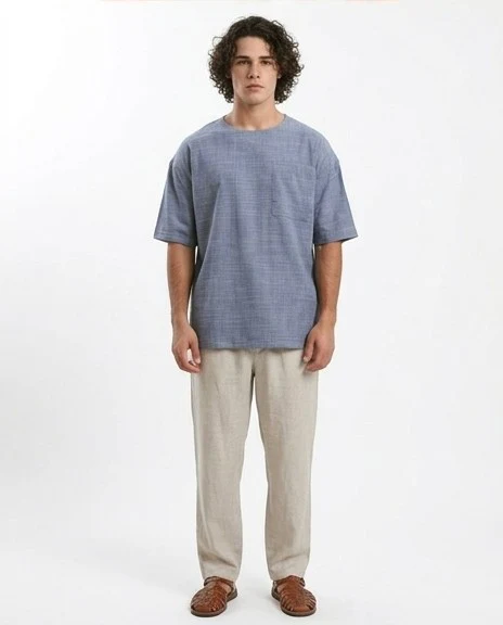 O190120 Relaxed Slip On Tee With Front Pocket - Heather Navy Blue - Image 4
