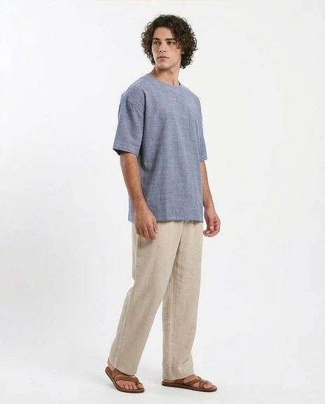 O190120 Relaxed Slip On Tee With Front Pocket - Heather Navy Blue - Image 5