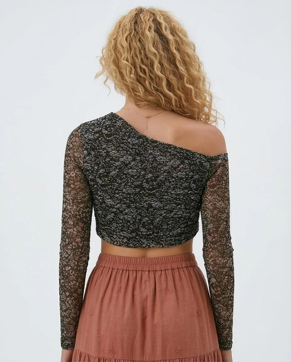 Ravin Women's Floral Ditsy Mesh Off-Shoulder Ruched Crop Top - Dark Green - O191901 - Image 2