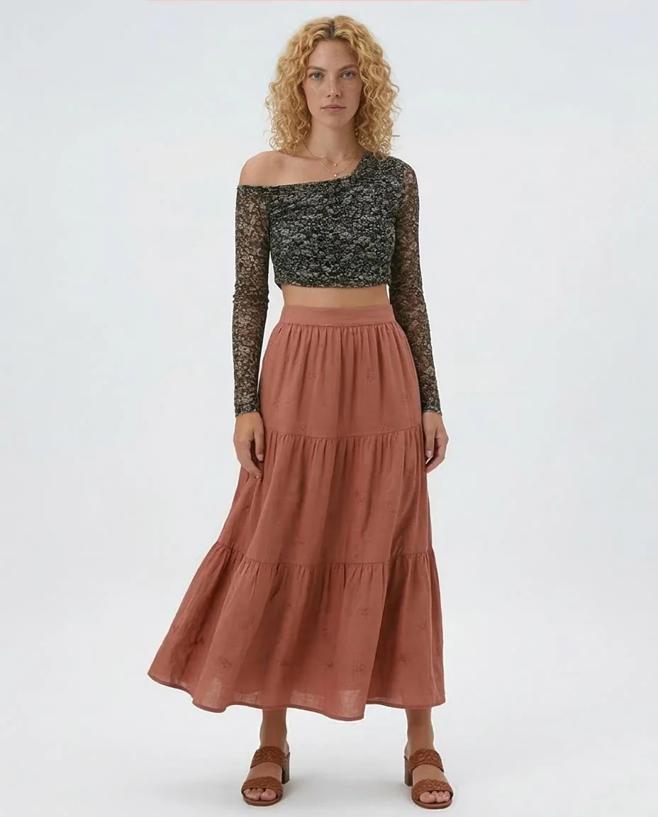 Ravin Women's Floral Ditsy Mesh Off-Shoulder Ruched Crop Top - Dark Green - O191901 - Image 3