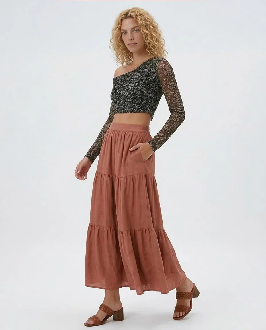 Ravin Women's Floral Ditsy Mesh Off-Shoulder Ruched Crop Top - Dark Green - O191901 - Image 5