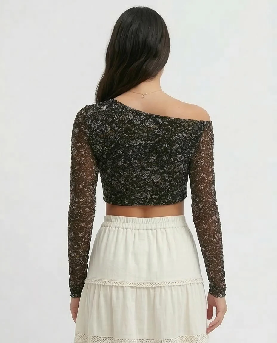 Ravin Asymmetrical Mesh Floral Crop Top - O191902 - Image 2