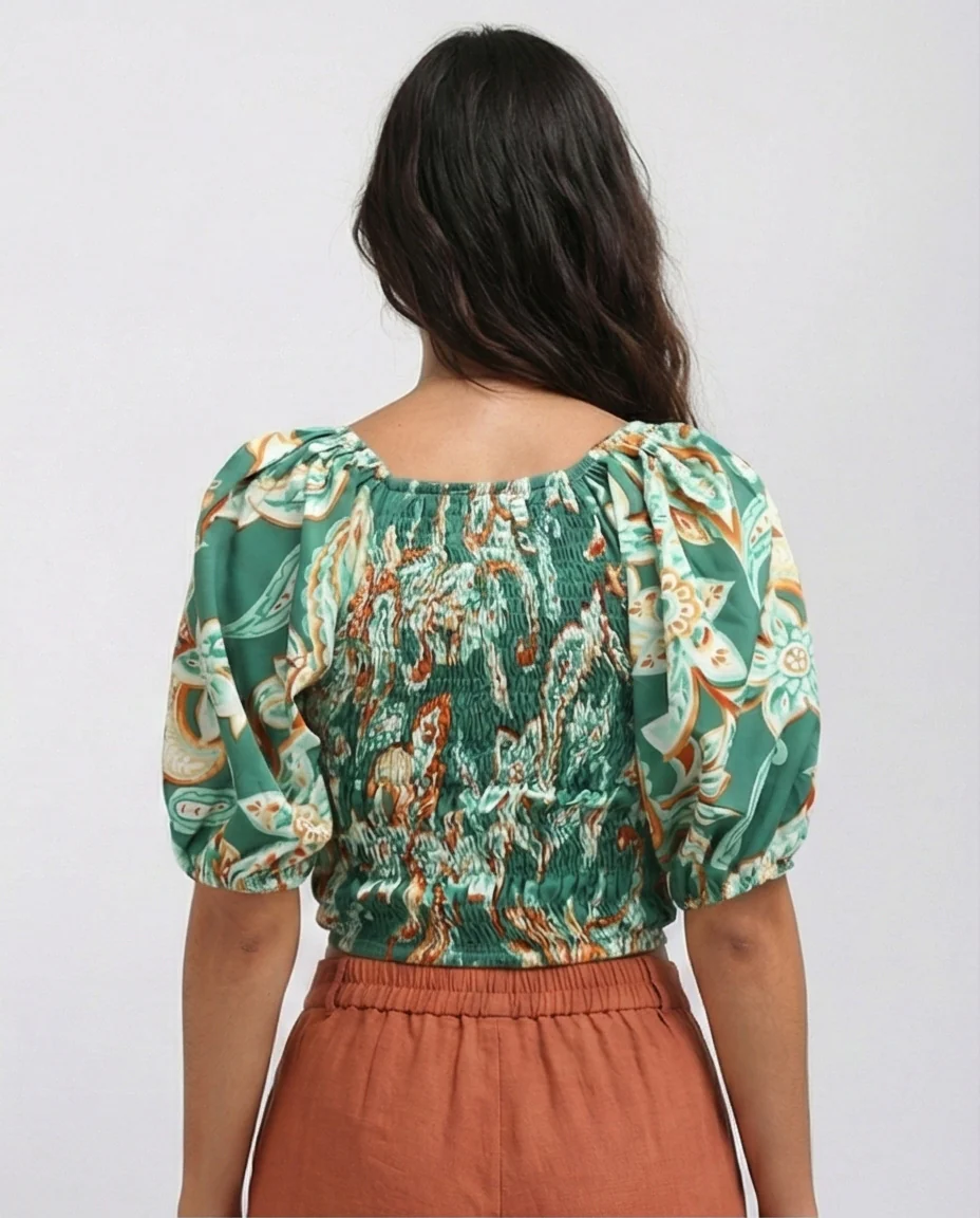 O192258 Green & White Women'S Summer V Neck Cropped Top - Image 2