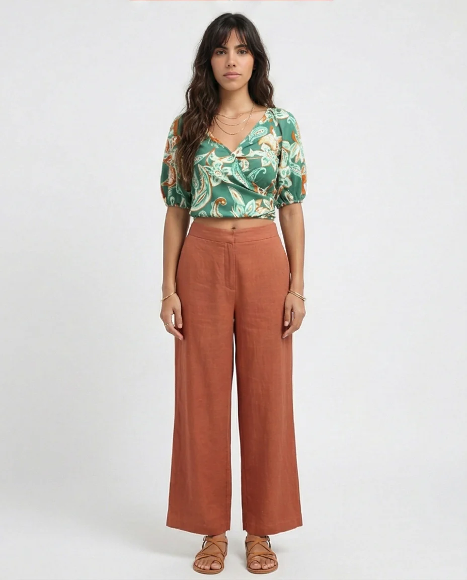 O192258 Green & White Women'S Summer V Neck Cropped Top - Image 3