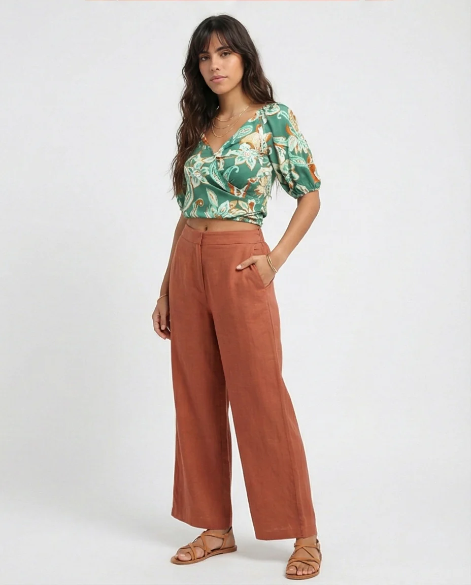 O192258 Green & White Women'S Summer V Neck Cropped Top - Image 4