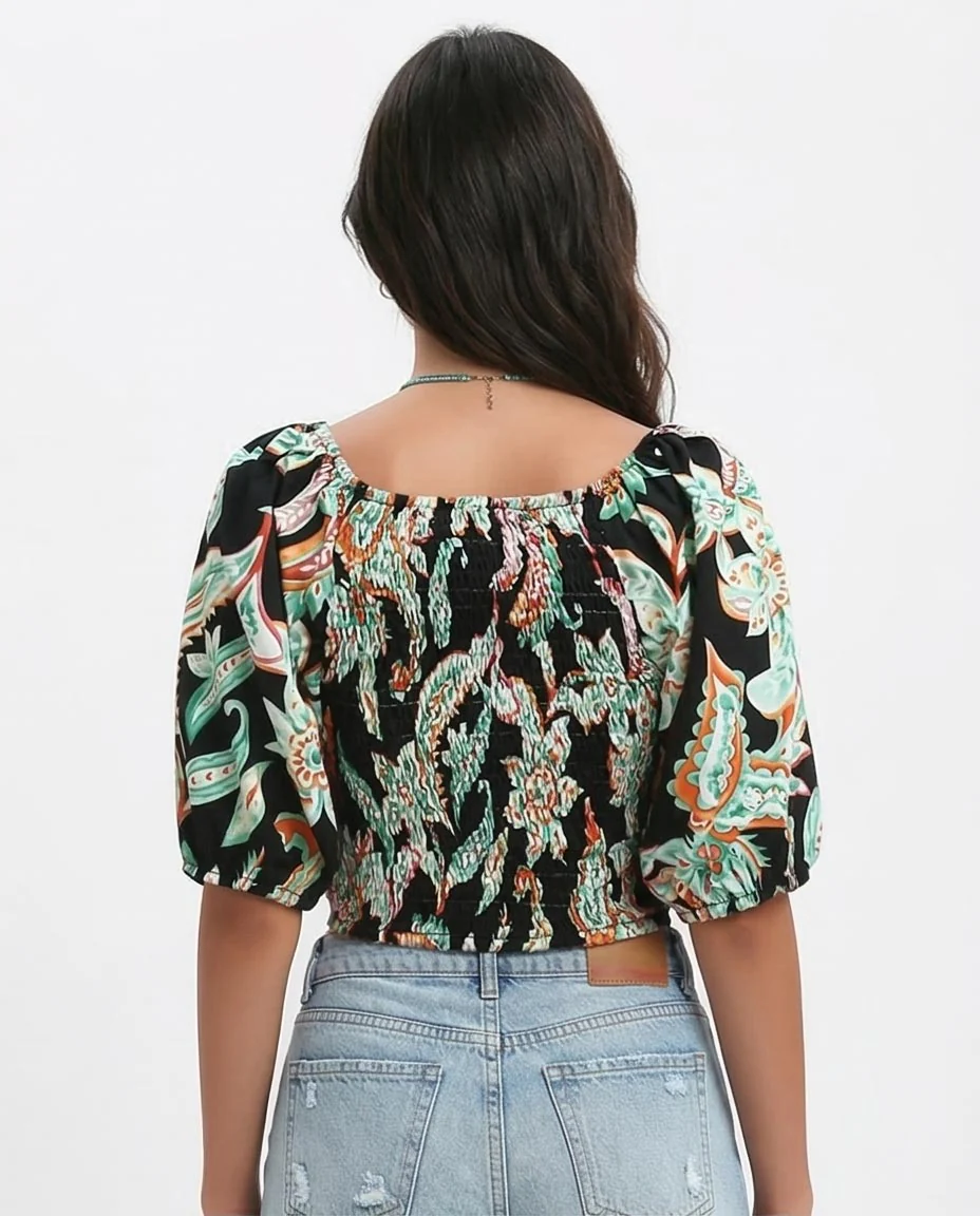 Ravin Paisley Smocked-Back Wrap Crop Top - Black & Green - O192259 - Image 2