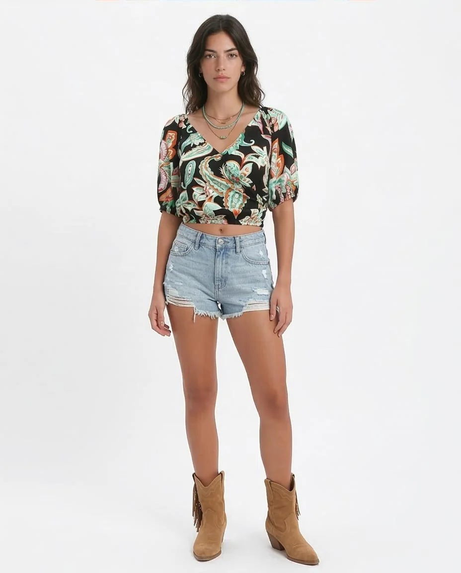 Ravin Paisley Smocked-Back Wrap Crop Top - Black & Green - O192259 - Image 3