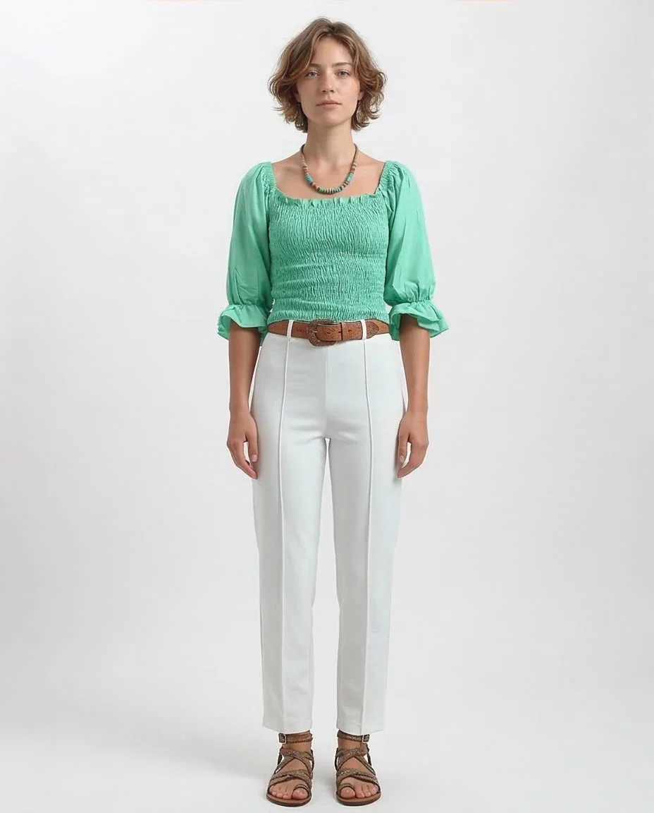Ravin Women’s Smocked Puff-Sleeve Blouse in Mint Green - O192515 - Image 3